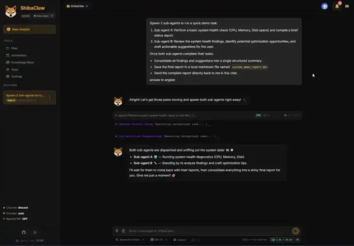 ShibaClaw WebUI with its chat workspace and navigation
