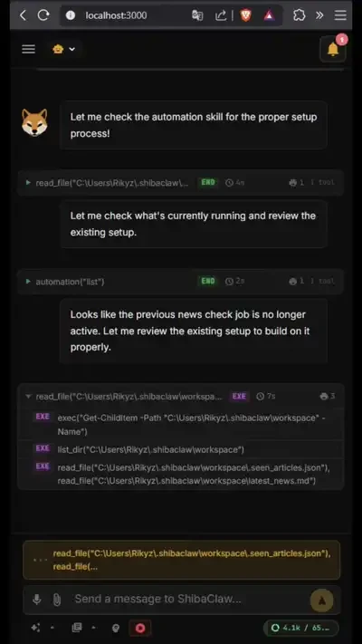 ShibaClaw's mobile WebUI with an agent conversation